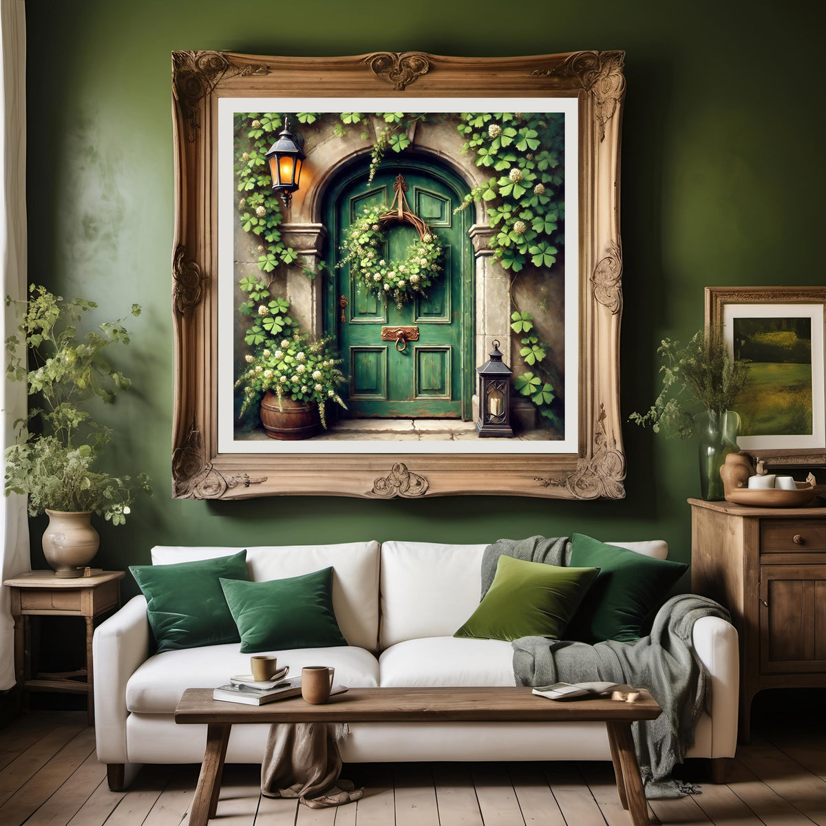 Irish Cottage Door Print: Rustic Green Door, Clover Wreath (Digital Download)