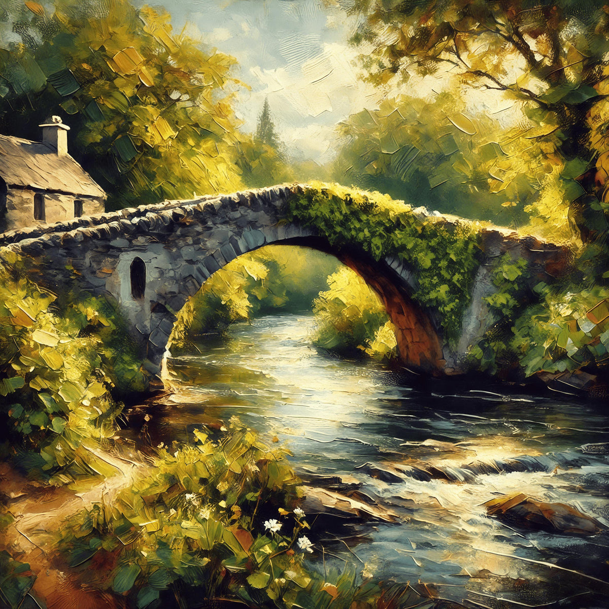 Stone Bridge Impressionist Landscape Art Print: Rustic Cottage Decor (Digital Download)