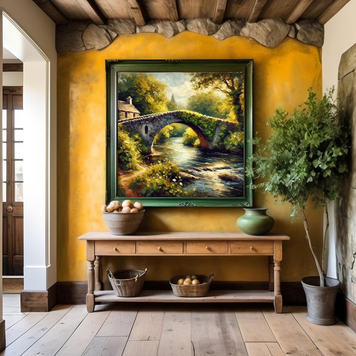 Stone Bridge Impressionist Landscape Art Print: Rustic Cottage Decor (Digital Download)