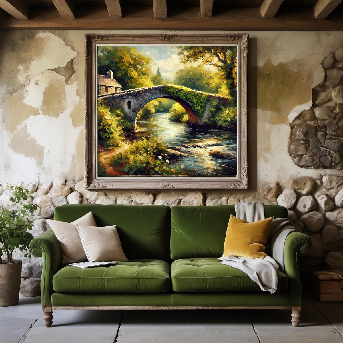 Stone Bridge Impressionist Landscape Art Print: Rustic Cottage Decor (Digital Download)