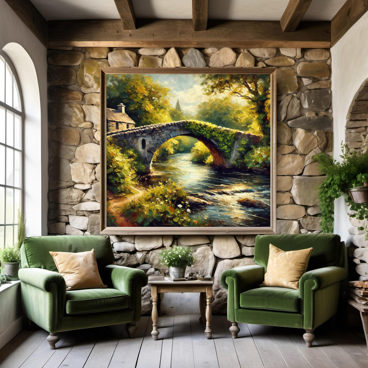 Stone Bridge Impressionist Landscape Art Print: Rustic Cottage Decor (Digital Download)
