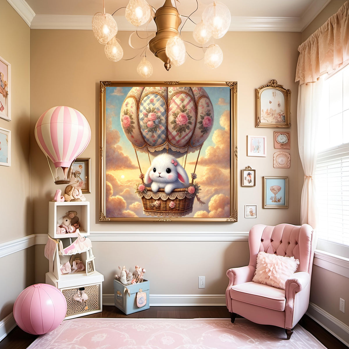 Vintage Bunny Hot Air Balloon Print: Whimsical Nursery Decor (Digital Download)
