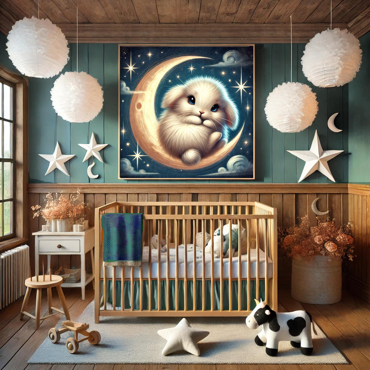 Bunny Moon Nursery Print: Whimsical Rabbit Celestial Art (Digital Download)