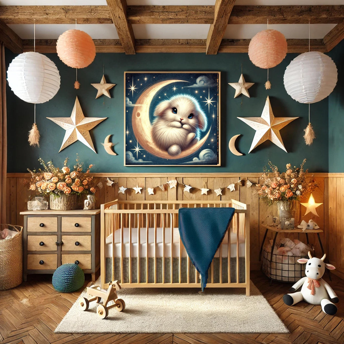 Bunny Moon Nursery Print: Whimsical Rabbit Celestial Art (Digital Download)