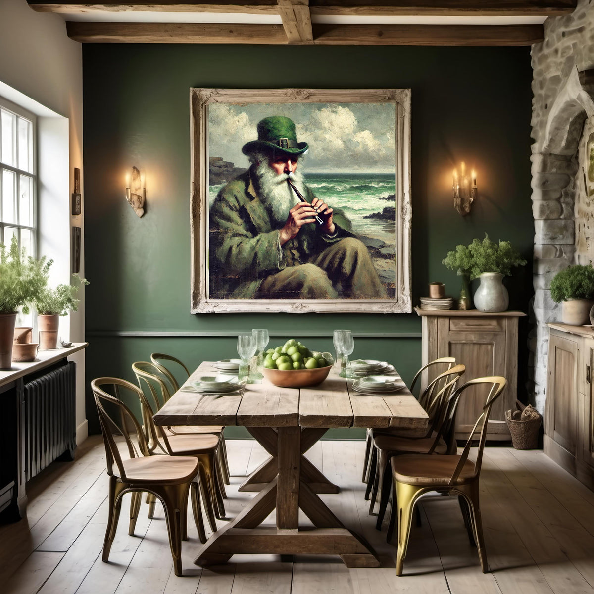 Vintage Irish Whistle Player Seaside Painting: Celtic Wall Art (Digital Download)