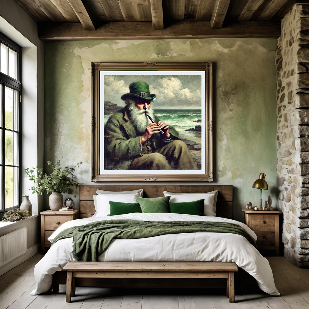 Vintage Irish Whistle Player Seaside Painting: Celtic Wall Art (Digital Download)