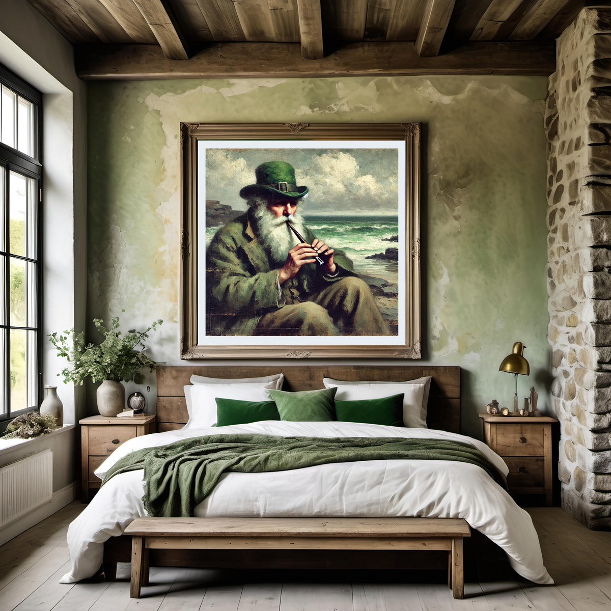 Vintage Irish Whistle Player Seaside Painting: Celtic Wall Art (Digital Download)