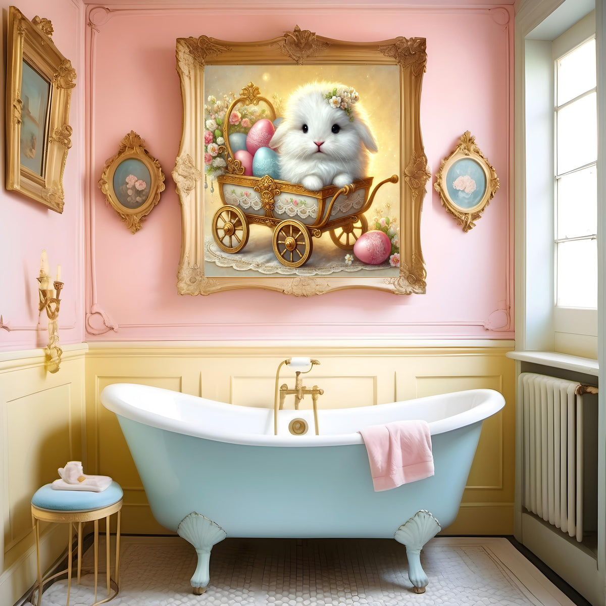 Whimsical Easter Bunny in Vintage Carriage: Cottagecore Digital Art (instant Download)