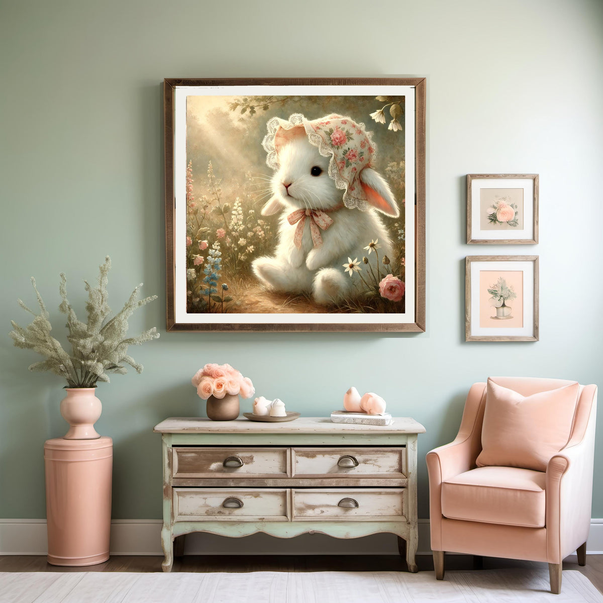 Vintage Bunny Print: Floral Bonnet, Pastel Nursery Decor (Digital Download)
