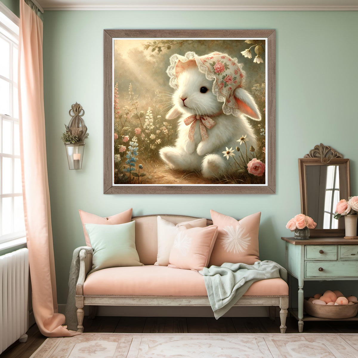 Vintage Bunny Print: Floral Bonnet, Pastel Nursery Decor (Digital Download)