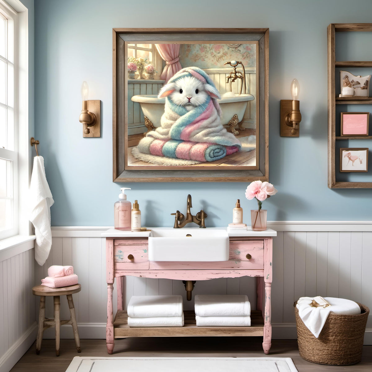 Bathtime Bunny Print: Pastel Nursery Bathroom Decor (Digital Download)