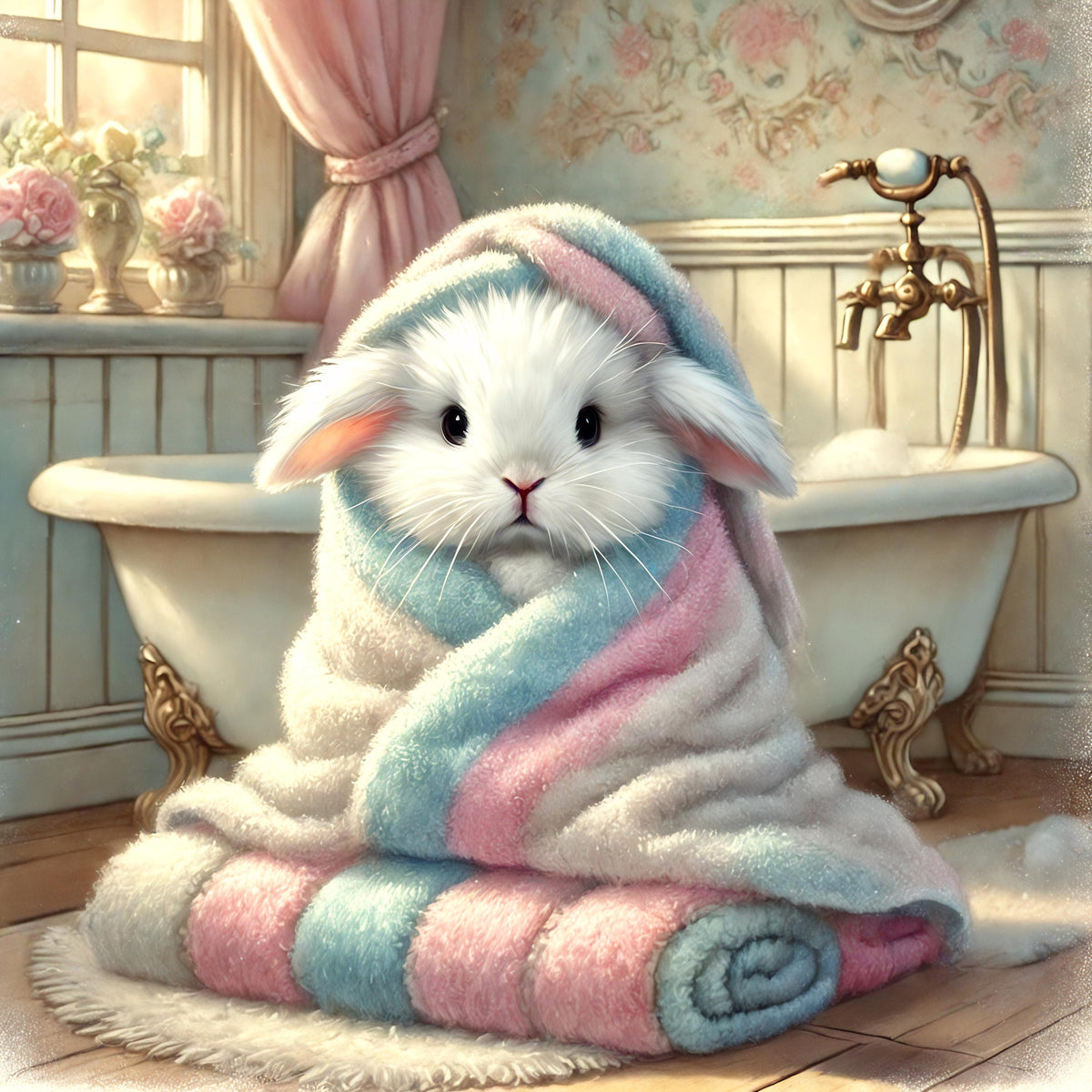 Bathtime Bunny Print: Pastel Nursery Bathroom Decor (Digital Download)