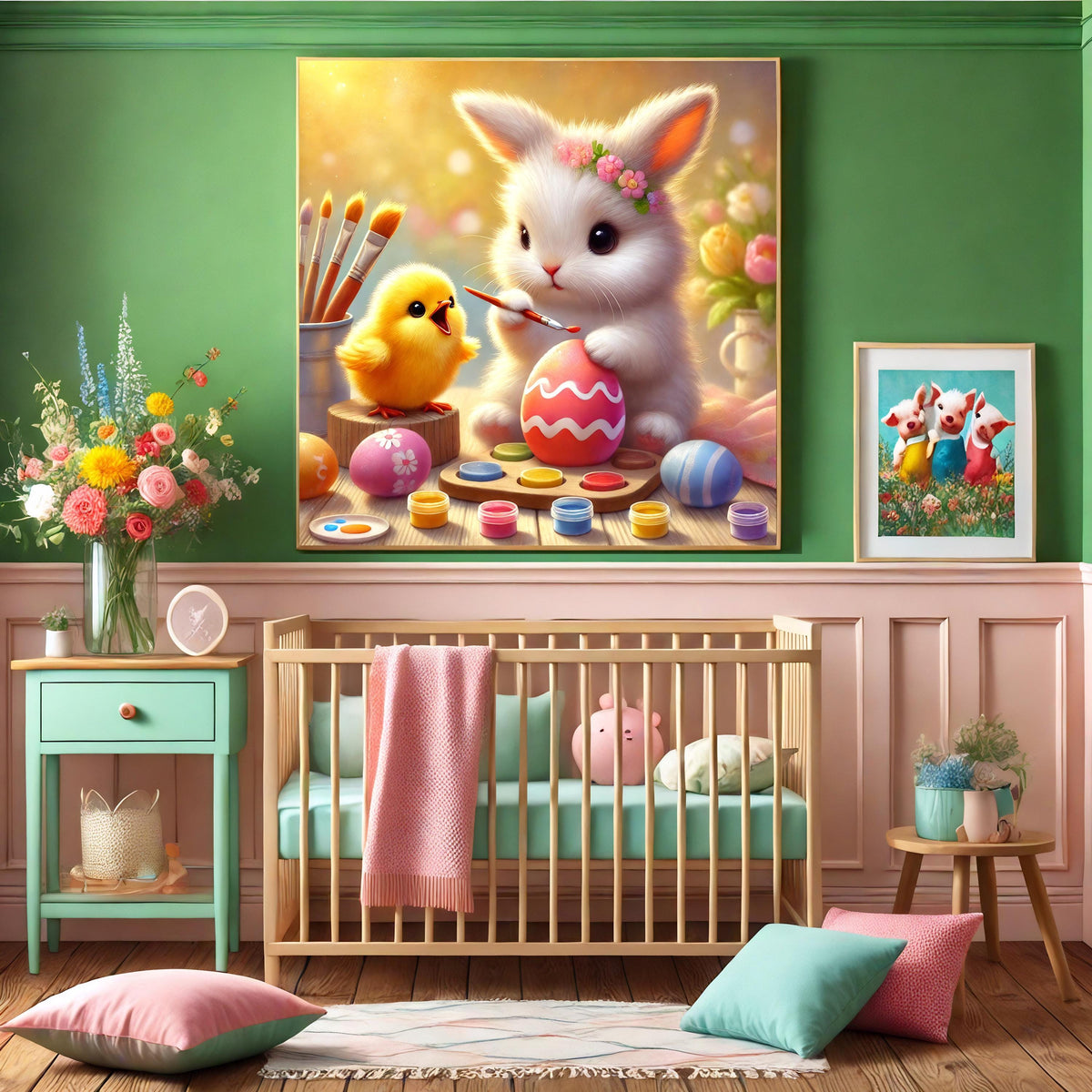 Easter Bunny & Chick Painting Eggs: Whimsical Nursery Art (Digital Download)