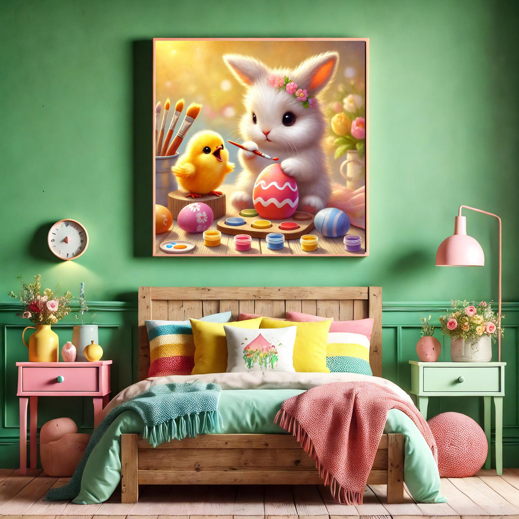 Easter Bunny & Chick Painting Eggs: Whimsical Nursery Art (Digital Download)