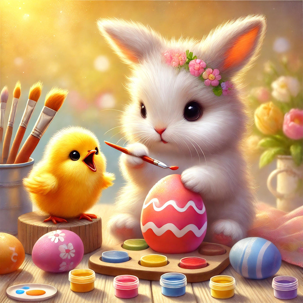 Easter Bunny & Chick Painting Eggs: Whimsical Nursery Art (Digital Download)