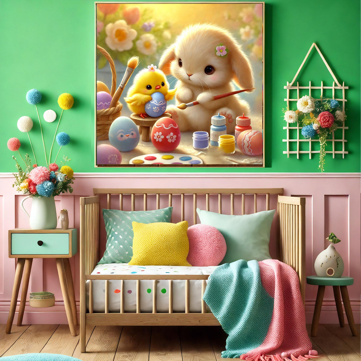 Easter Bunny & Chick Painting Eggs: Whimsical Spring Print (Digital Download)