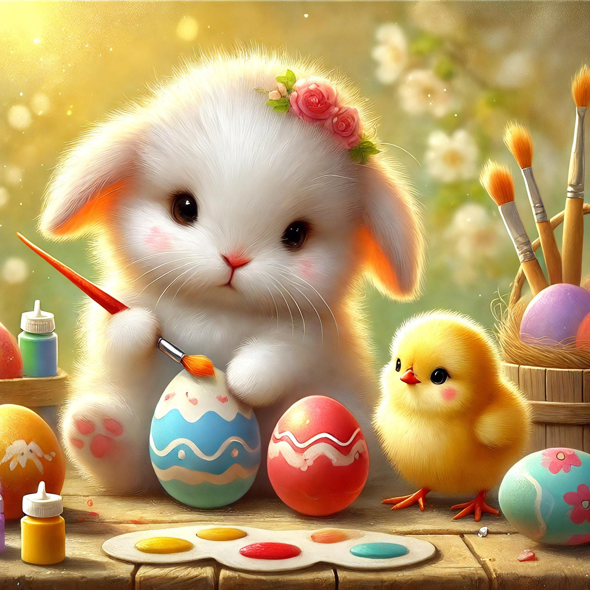 Easter Bunny & Chick Painting Eggs: Whimsical Spring Nursery Art (Digital Download)