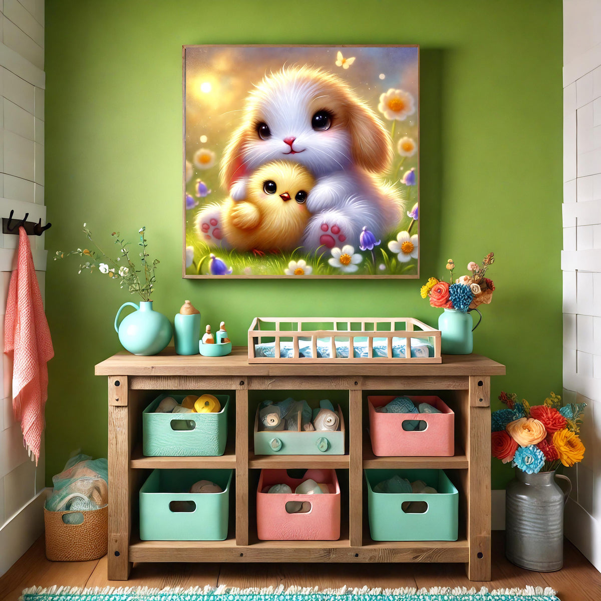 Bunny and Chick Springtime Friendship Art: Pastel Nursery Decor (Digital Download)