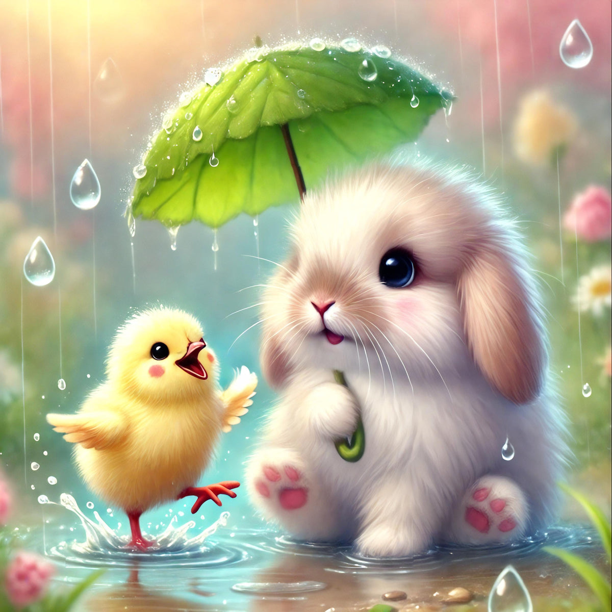 Bunny and Chick in Rain: Pastel Nursery Art (Digital Print)