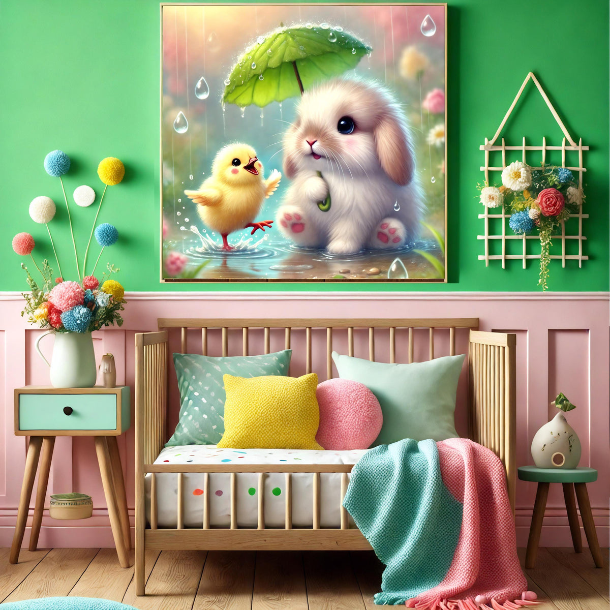 Bunny and Chick in Rain: Pastel Nursery Art (Digital Print)