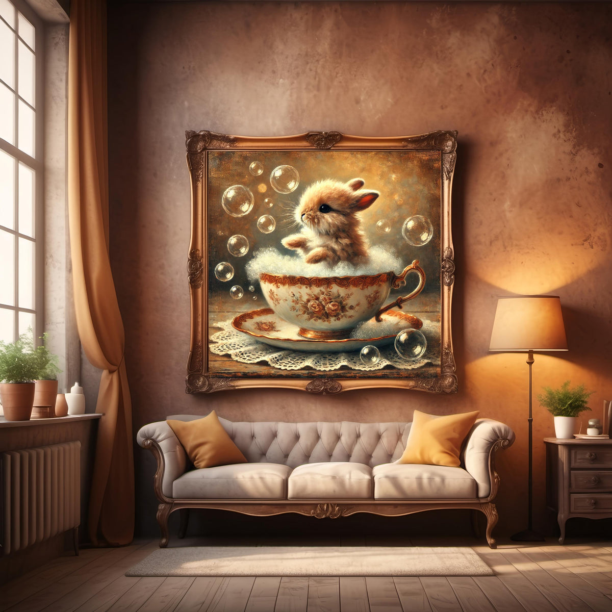 Vintage Bunny Teacup Print: Shabby Chic Nursery Decor (Digital Download)