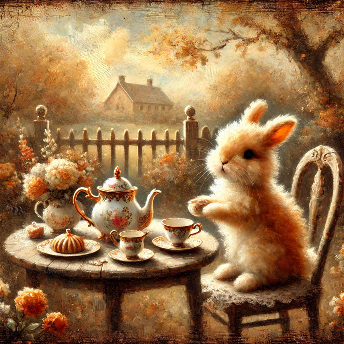 Bunny Tea Party Vintage Print: Farmhouse Cottagecore Decor (Digital Download)