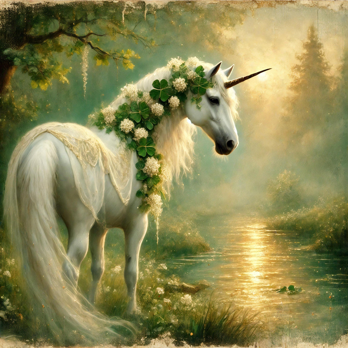Ethereal Clover Unicorn Print: Vintage Fantasy Wall Art (Digital Download)