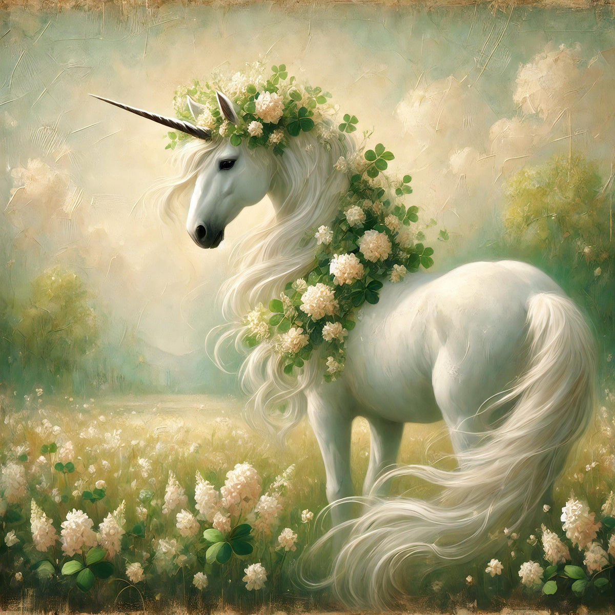 Magical Clover Unicorn Print: Vintage Impressionist Fantasy Art (Digital Download)