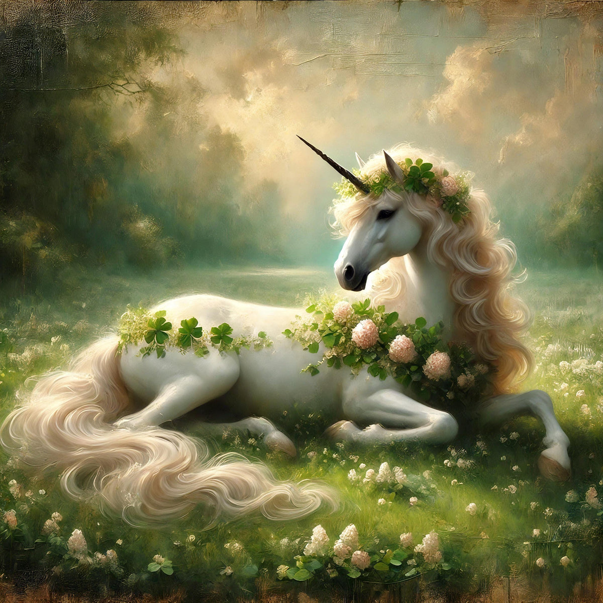 Clover Unicorn Fantasy Art Print: Vintage Impressionist St. Patrick's Day (Digital Download)