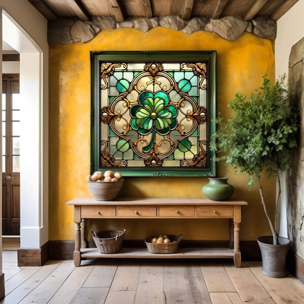 Vintage Stained Glass Clover Wall Art: Celtic Window Design (Digital Download)