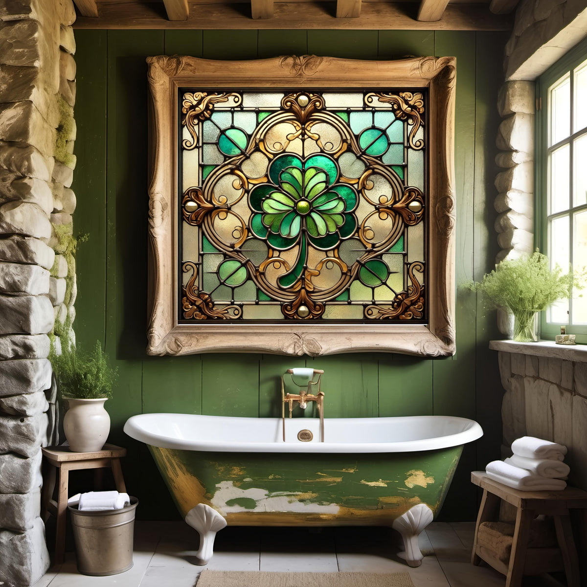 Vintage Stained Glass Clover Wall Art: Celtic Window Design (Digital Download)