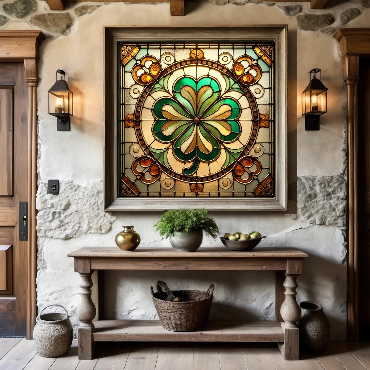 Stained Glass Clover Art: Vintage Celtic Window Design (Digital Download)