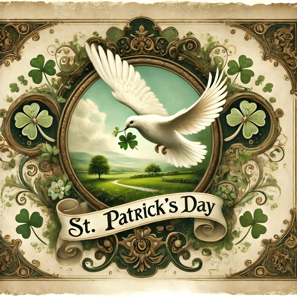 Vintage St Patrick's Day Dove Art: Irish Shamrock Digital Print (Instant Download)