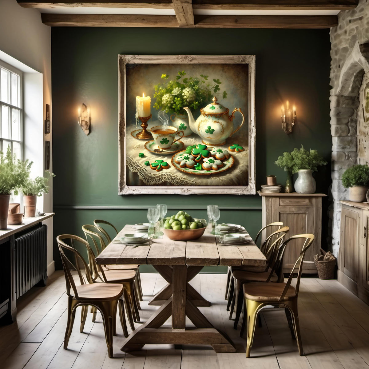 Vintage Shamrock Tea Party Still Life Art: Elegant Irish Cottage Decor (Digital Print)