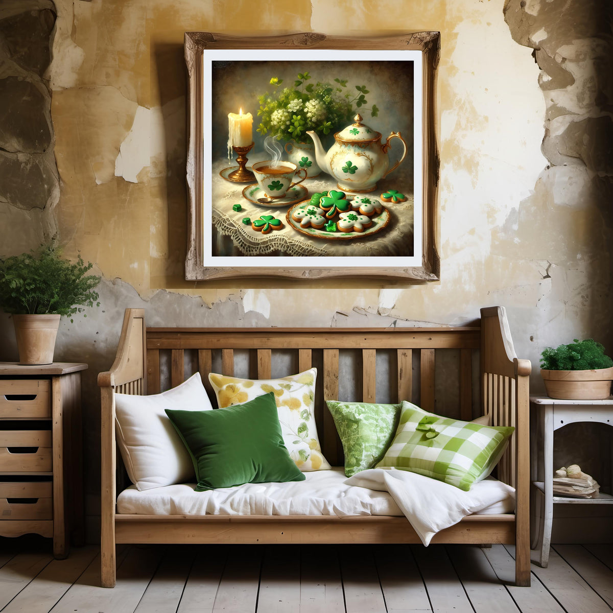 Vintage Shamrock Tea Party Still Life Art: Elegant Irish Cottage Decor (Digital Print)