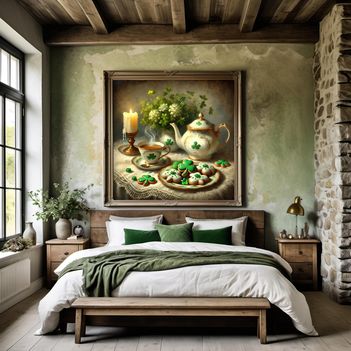 Vintage Shamrock Tea Party Still Life Art: Elegant Irish Cottage Decor (Digital Print)