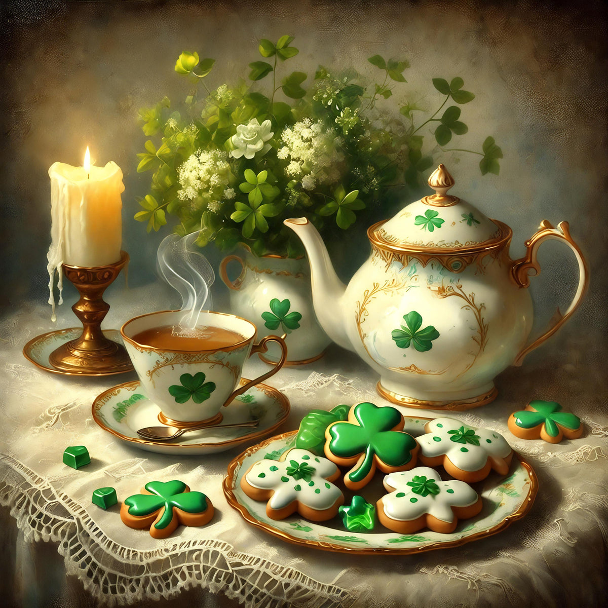 Vintage Shamrock Tea Party Still Life Art: Elegant Irish Cottage Decor (Digital Print)