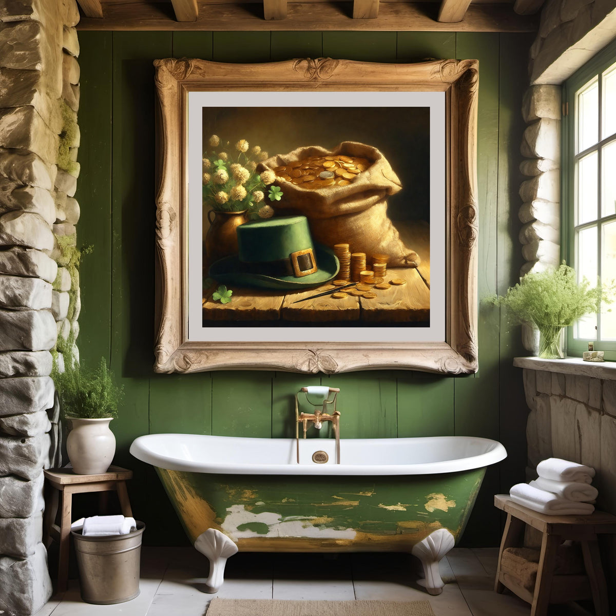 Vintage St. Patrick's Day Art: Leprechaun Hat & Gold Still Life (Digital Print)