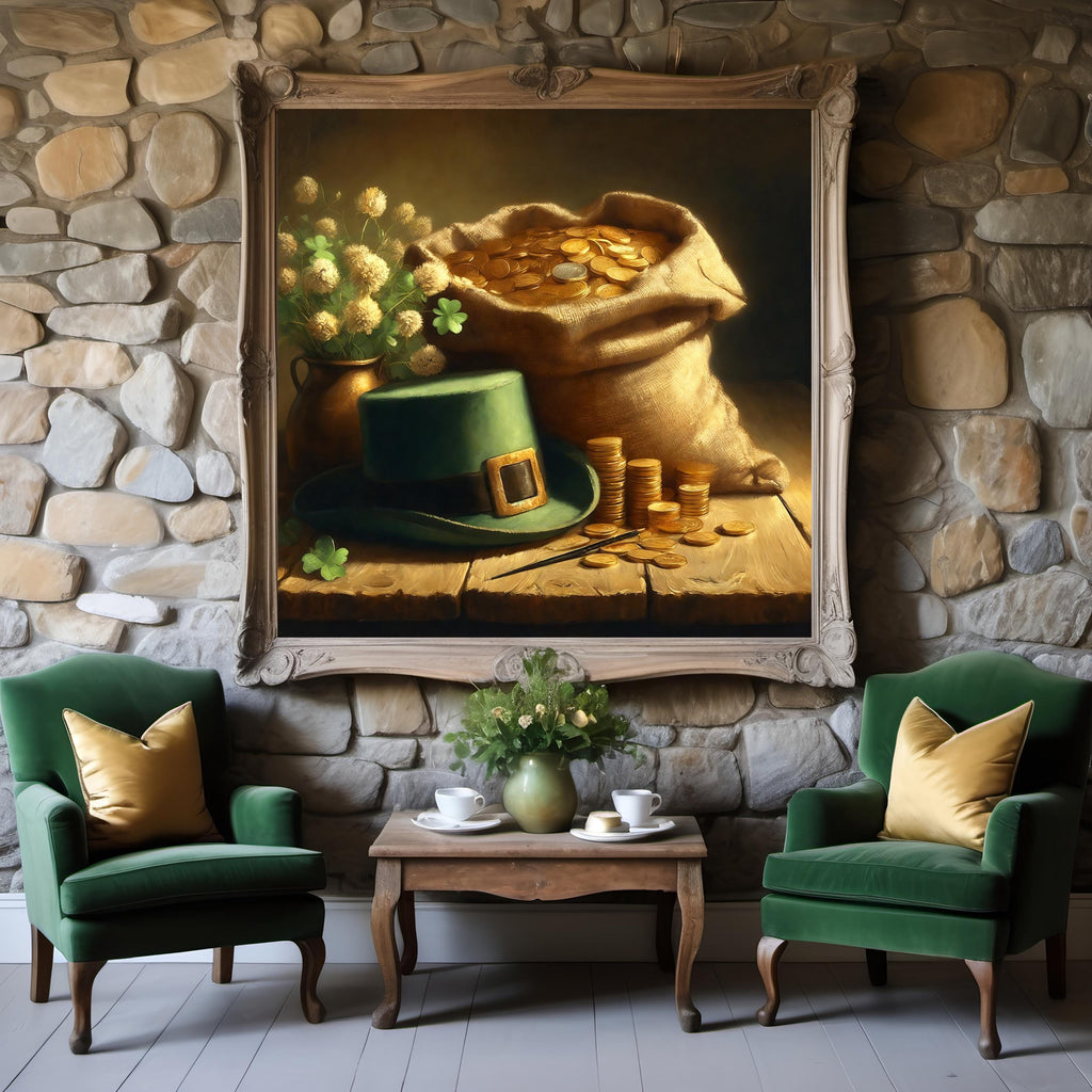 Vintage St. Patrick's Day Art: Leprechaun Hat & Gold Still Life (Digital Print)