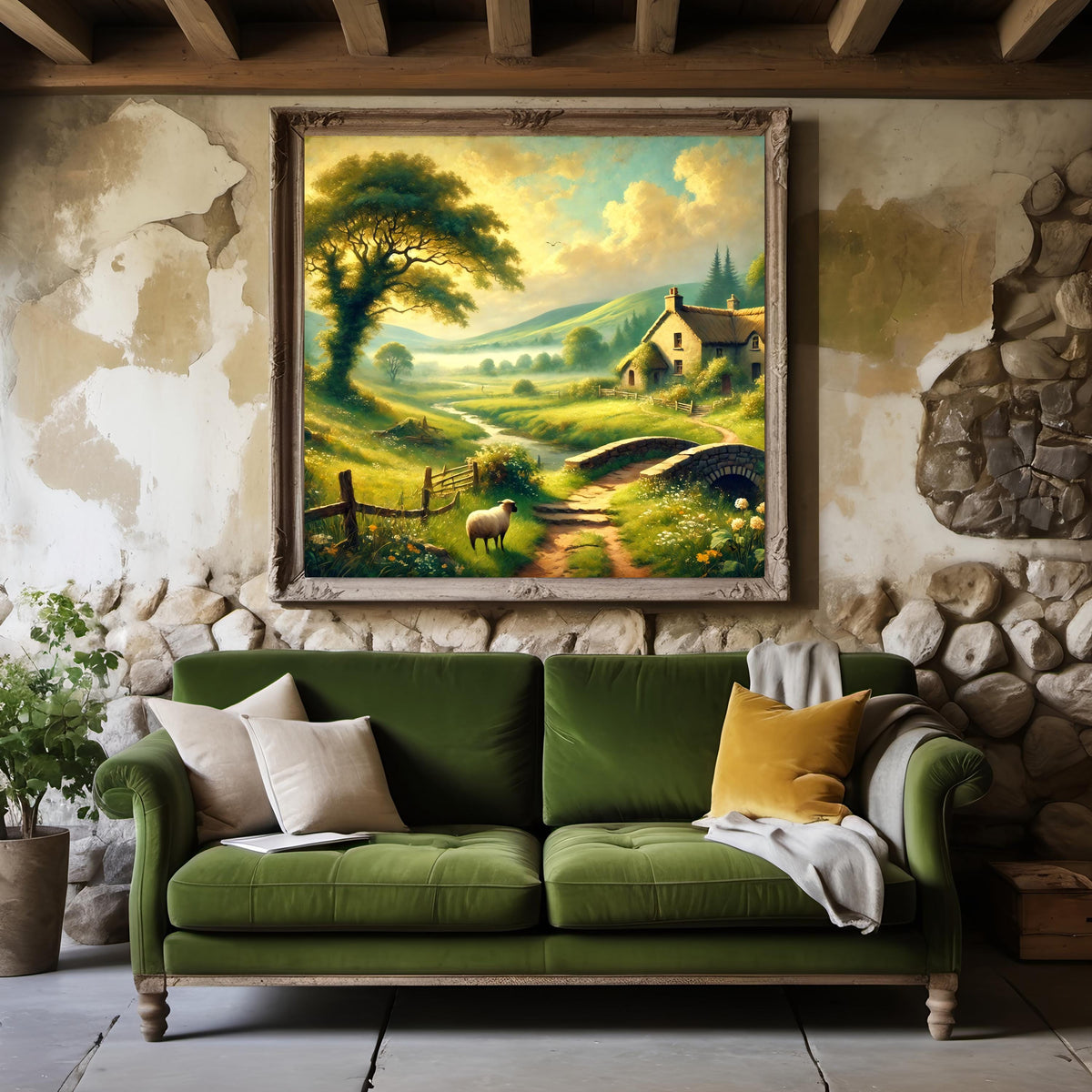 Vintage Irish Countryside Print: Thatched Cottage, Green Hills (Digital Download)