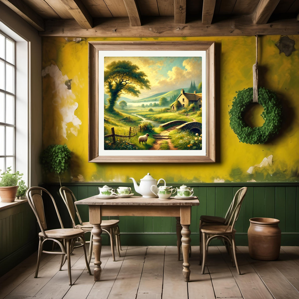 Vintage Irish Countryside Print: Thatched Cottage, Green Hills (Digital Download)