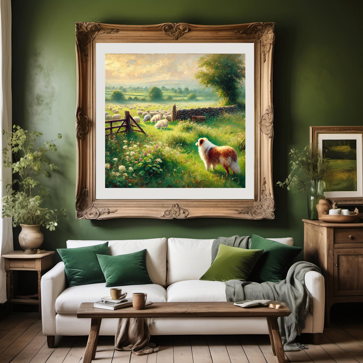 Vintage Sheepdog Farm Landscape Print: Rustic Pastoral Wall Art (Digital Download)