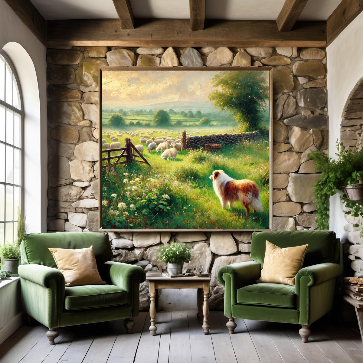 Vintage Sheepdog Farm Landscape Print: Rustic Pastoral Wall Art (Digital Download)