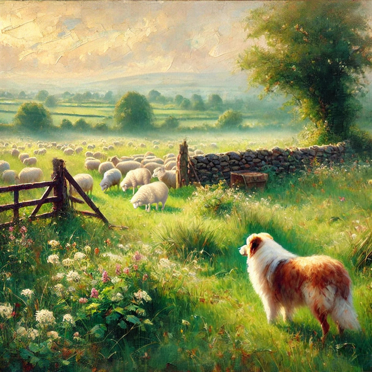 Vintage Sheepdog Farm Landscape Print: Rustic Pastoral Wall Art (Digital Download)