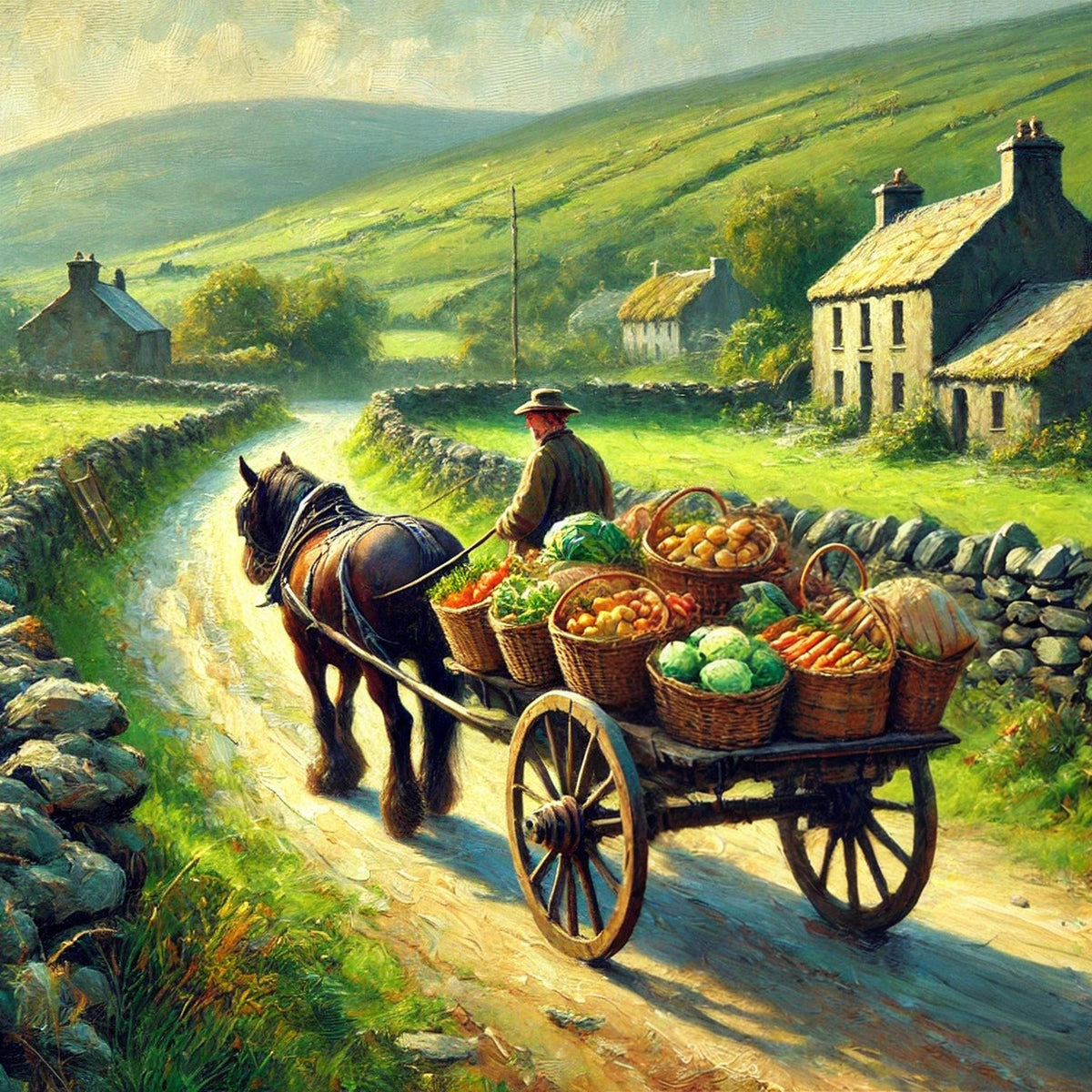 Vintage Irish Countryside Print: Horse Cart, Farmer's Market (Digital Download)