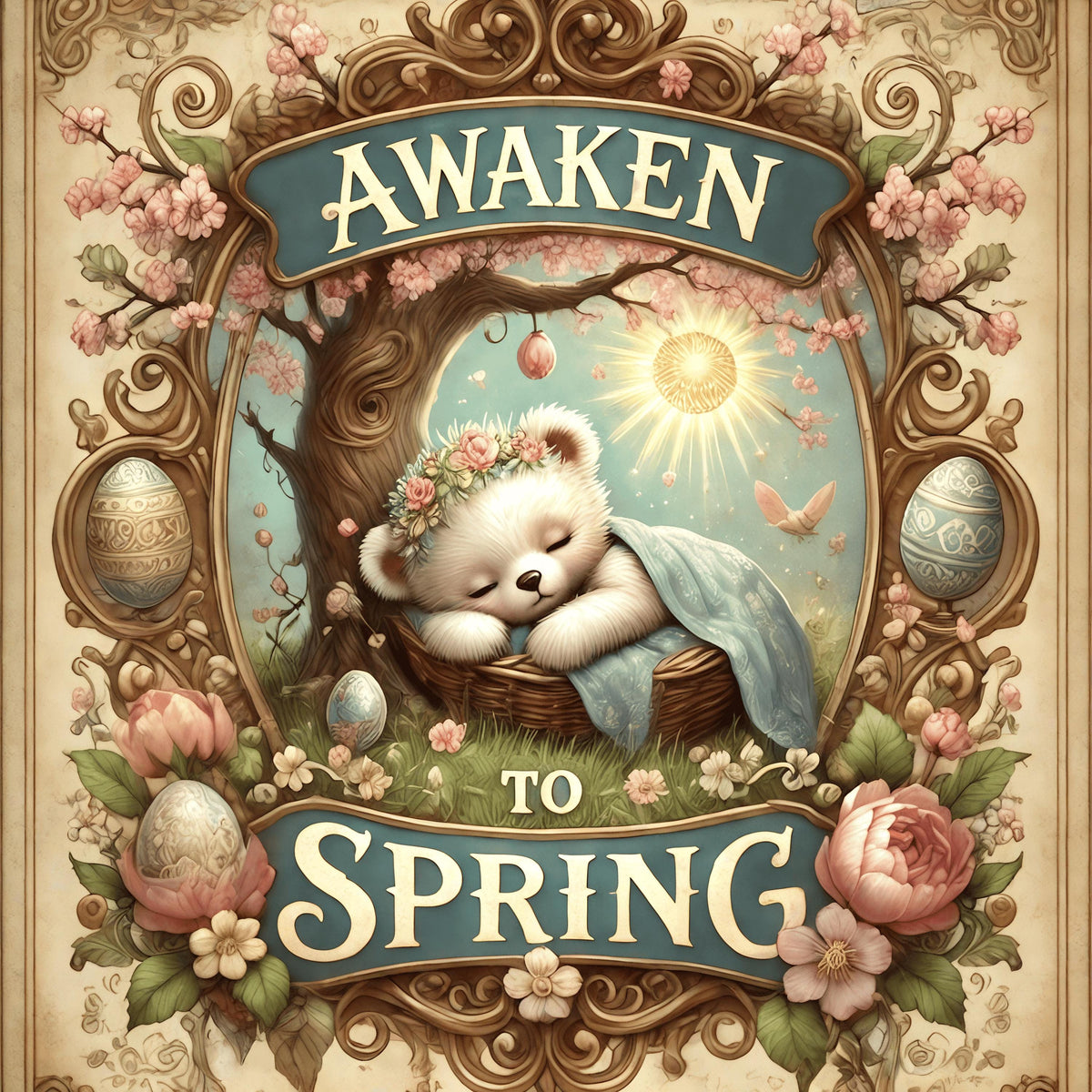 Vintage Easter Sleeping Bear Art: Victorian Spring Decor (Digital Download)
