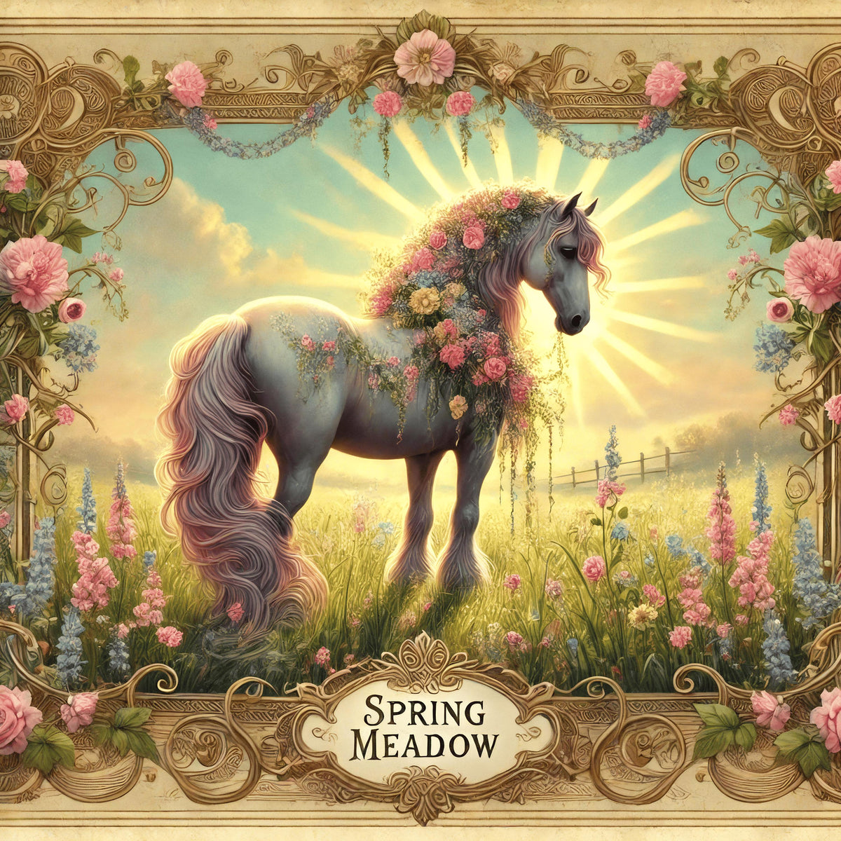 Vintage Easter Horse Print: Victorian Spring Meadow Wall Art (Digital Download)