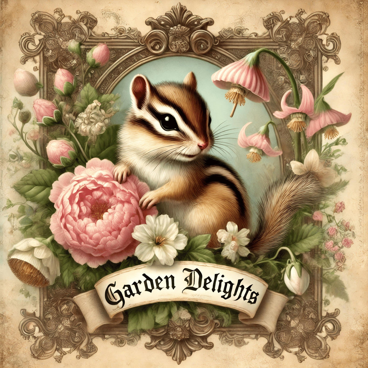 Vintage Easter Chipmunk Print: Victorian Spring Garden Wall Art (Digital Download)