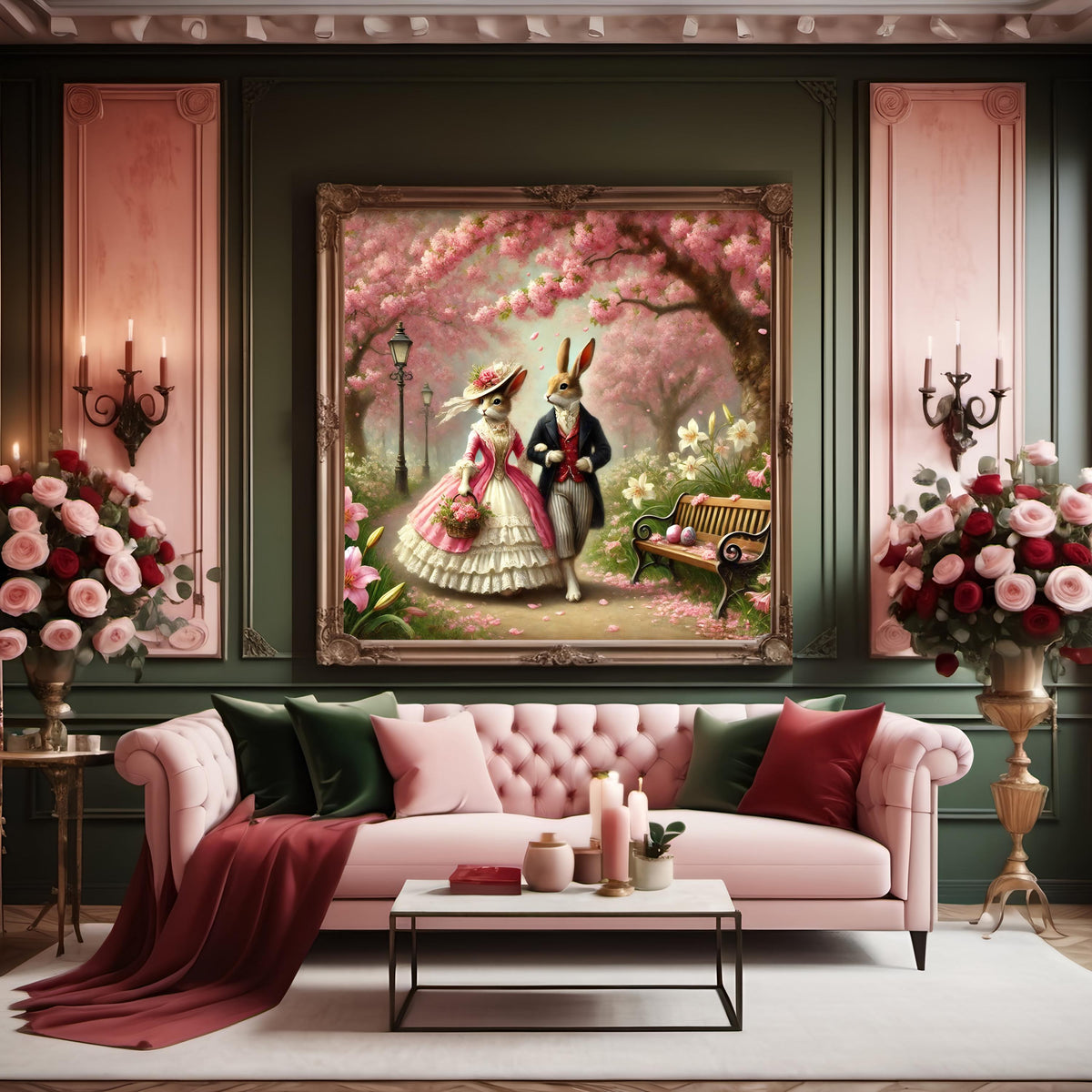 Victorian Easter Bunny Couple Print: Spring Cherry Blossoms (Digital Download)