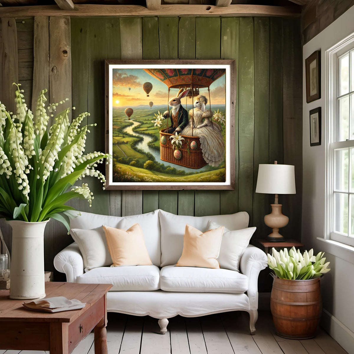 Vintage Easter Bunny Couple in Hot Air Balloon: Whimsical Spring Wall Art (Digital Download)